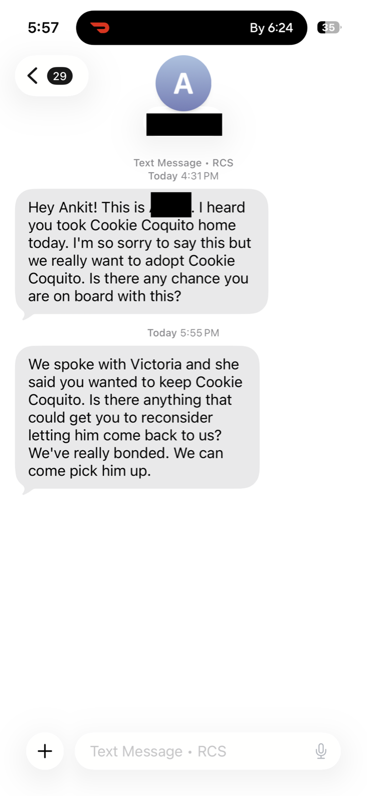 Second text from Fio's former foster mom.