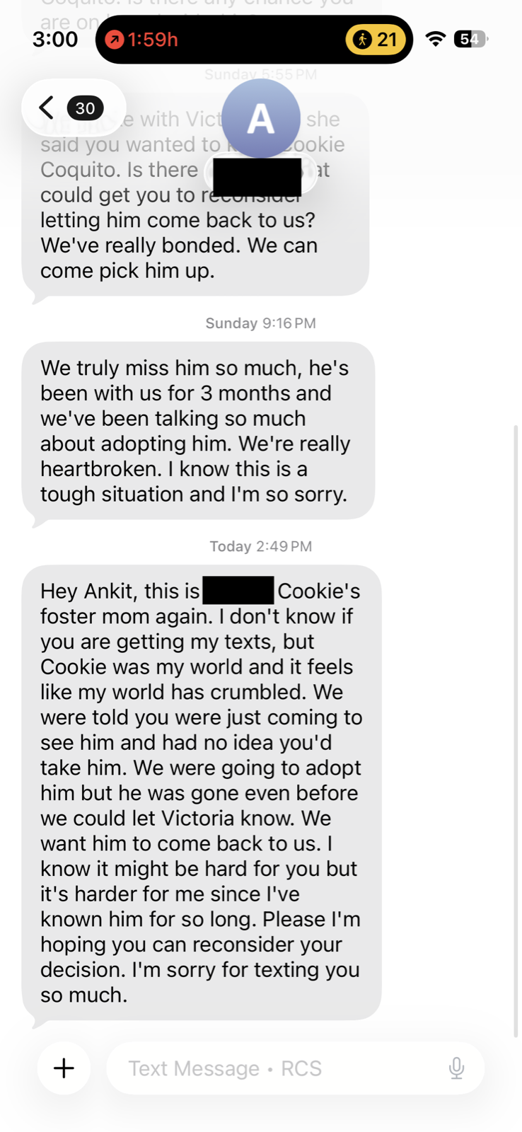 A final text from the former foster mom.